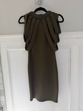 Sleeveless Olive Green Midi Dress with Beaded Collar